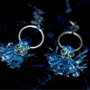 Navy Blue Tassel Drop Earrings with Gemstones